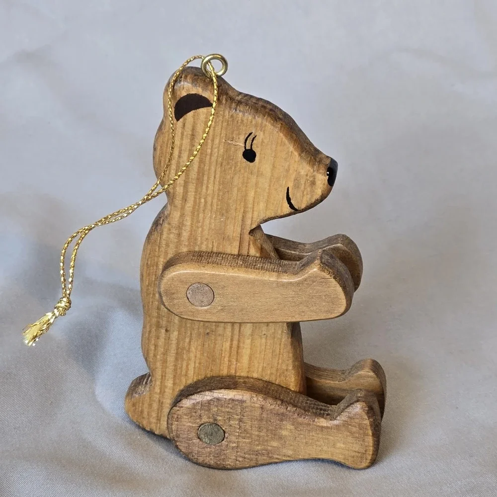 Vintage Handmade Jointed Wooden Teddy Bear Ornament Articulated Folk Art 5.5